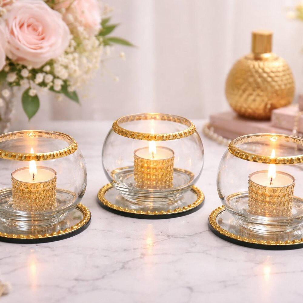 Luxury Gold Glass Candle Holder Trio Tealight Votive Set
